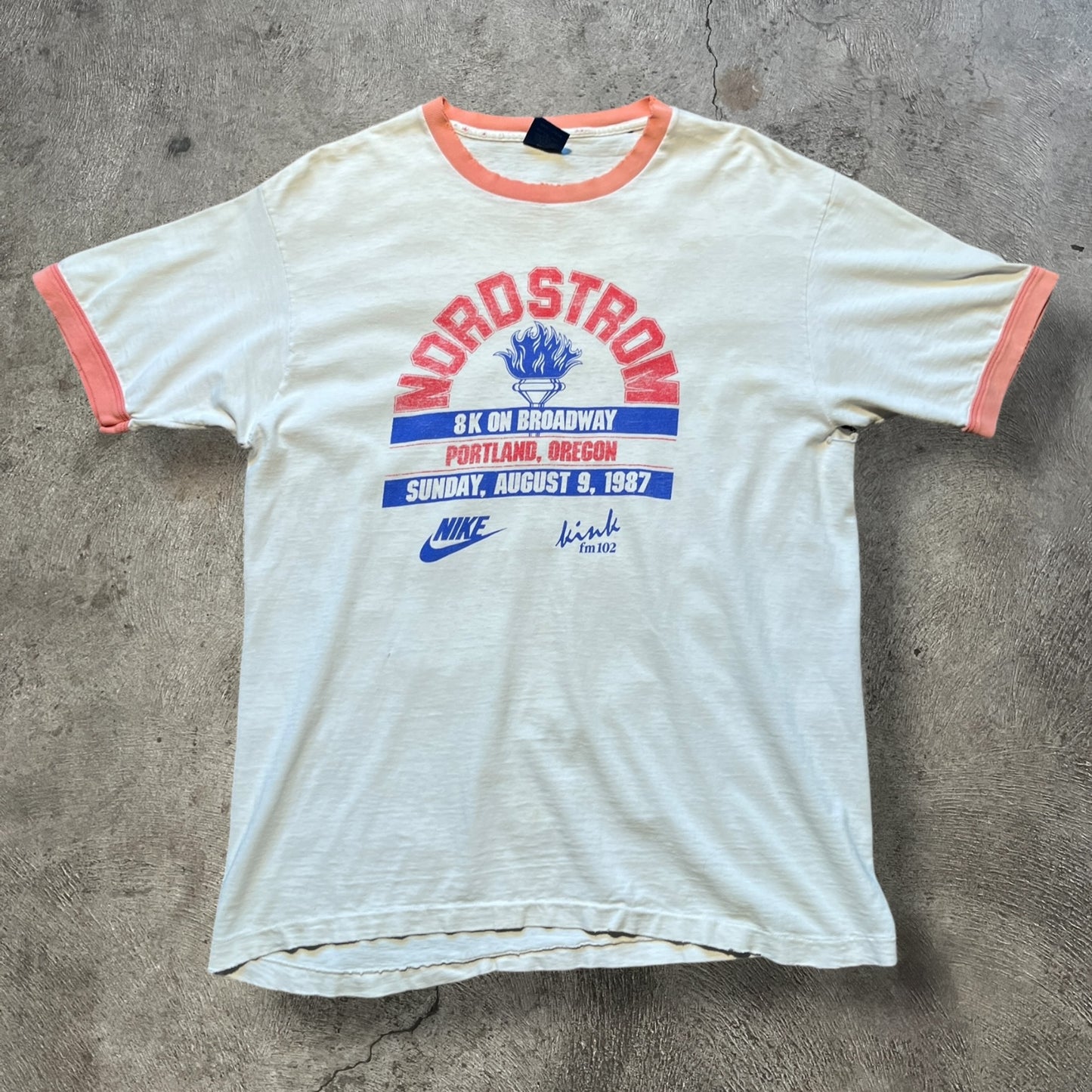 1987 Nike Running Ringer Tee White/Salmon Size Large